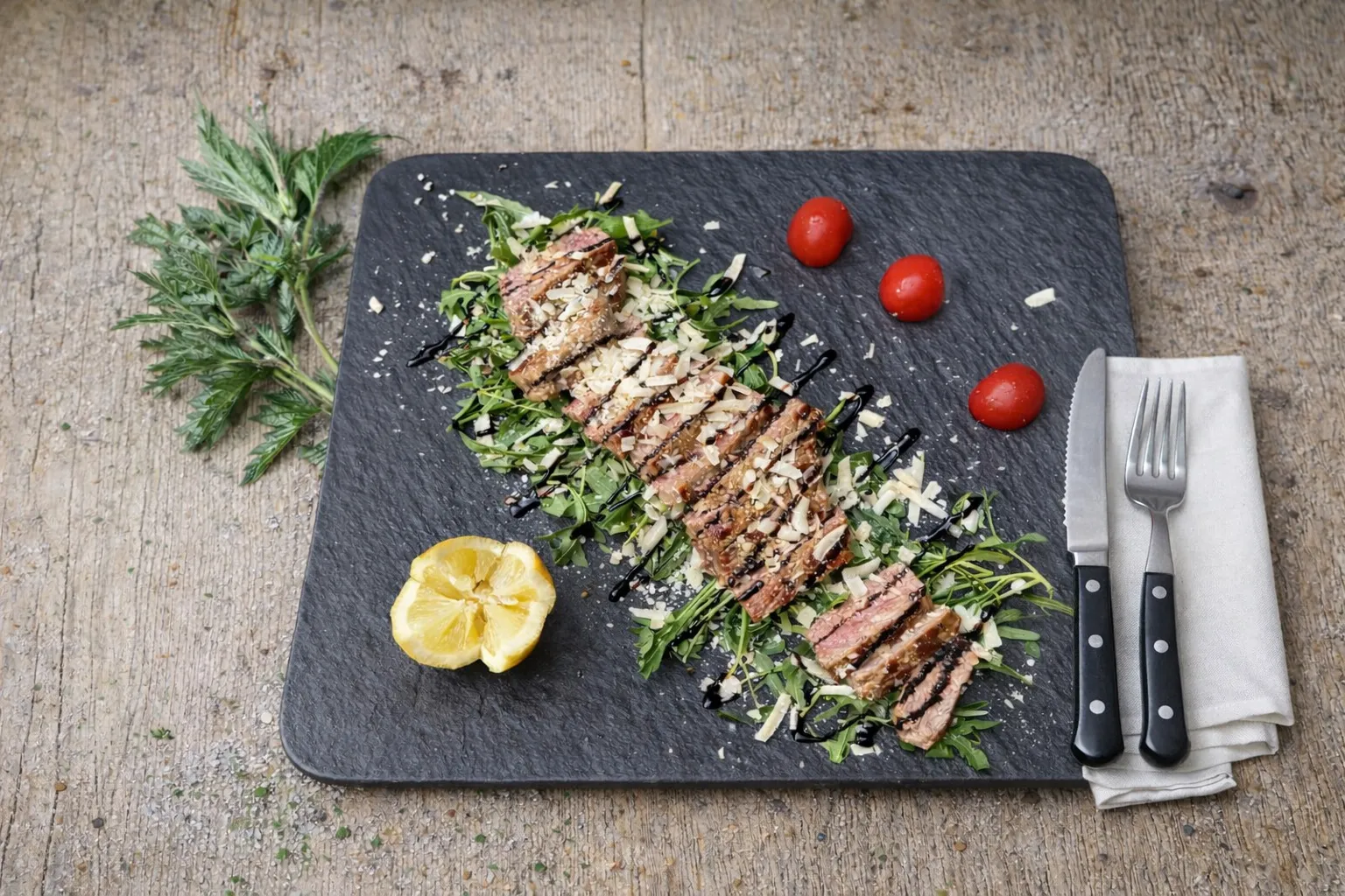 Tagliata on rocket with shaved hard cheese