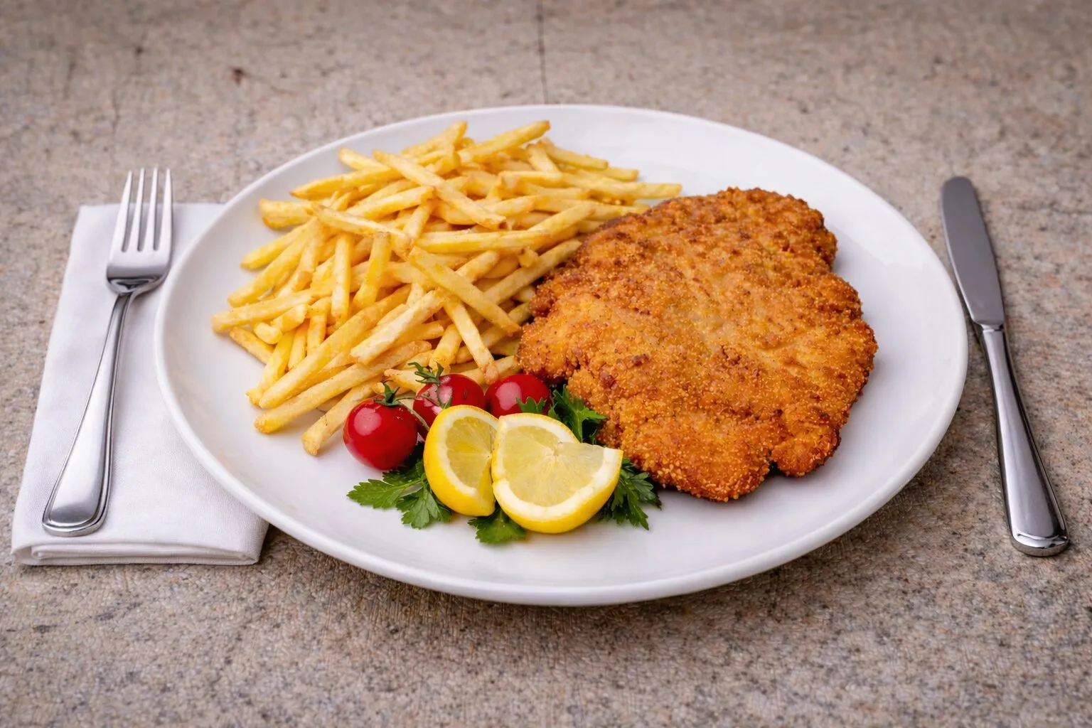 Cotoletta alla viennese di maiale con patatine fritte